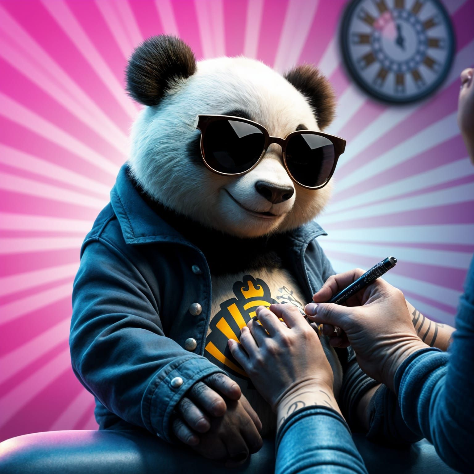 A panda getting a zebra tattoo.
