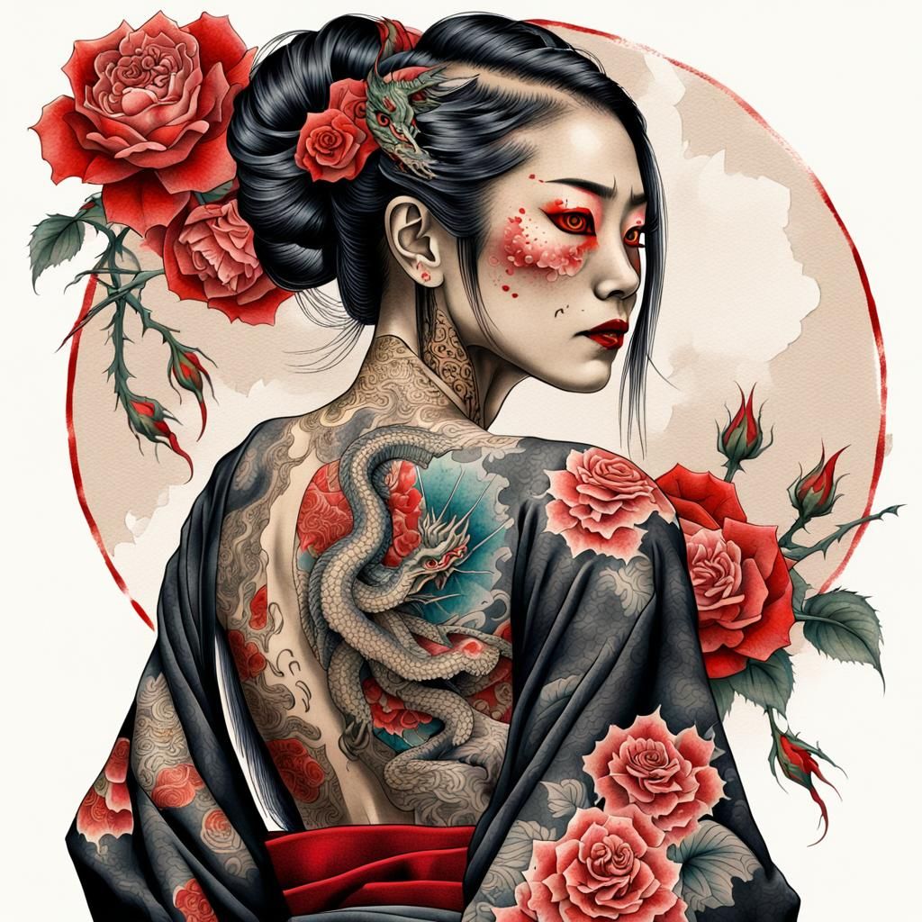 Japanese Woman Dragon Tattoo Art in Ukiyo-e Style