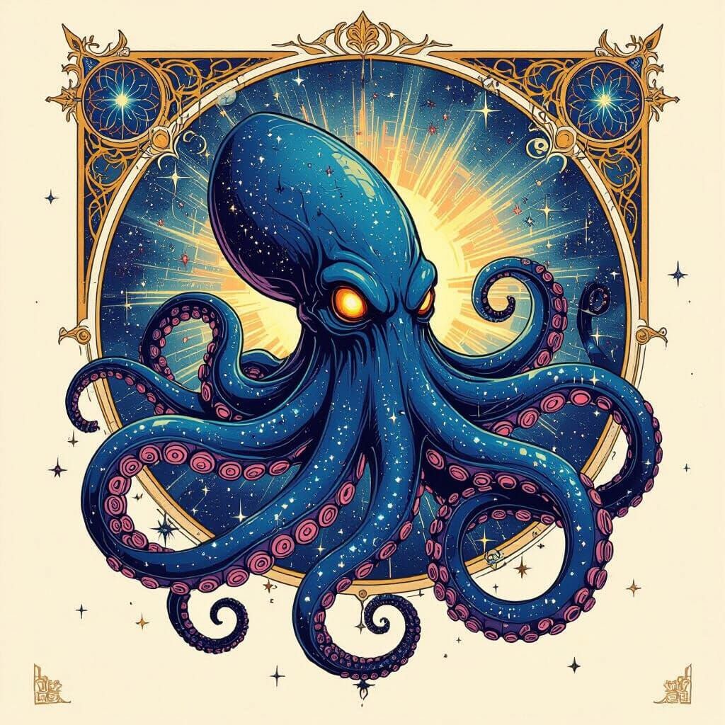 Celestial Kraken Wraps Galaxy in Bioluminescent Art Nouveau