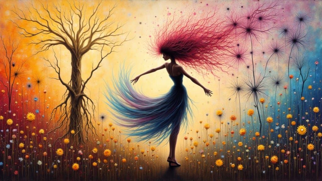 Woman in Dandelion Field: Dreamy Digital Impasto Painting