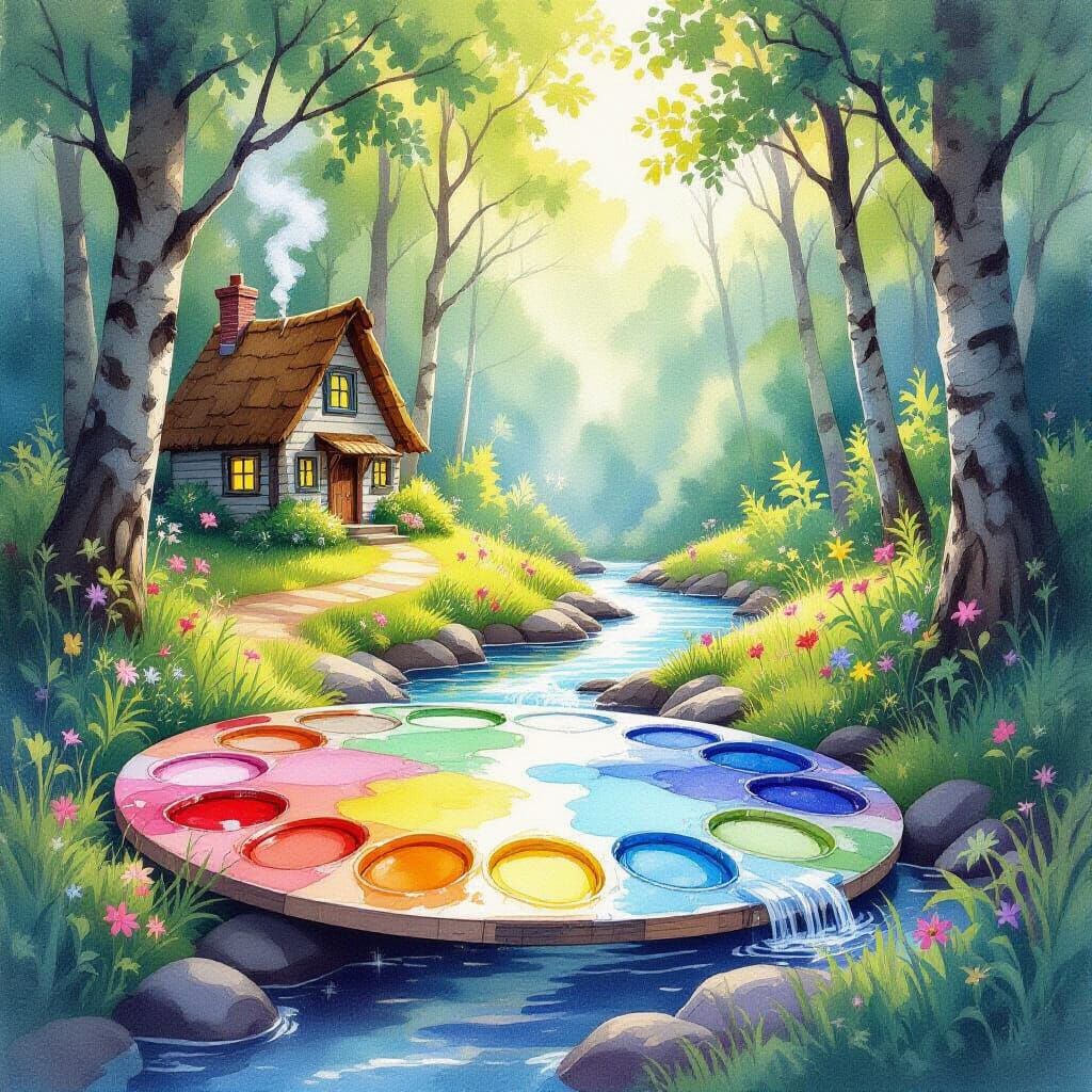 Magical Watercolor Forest Clearing with Cabin and River