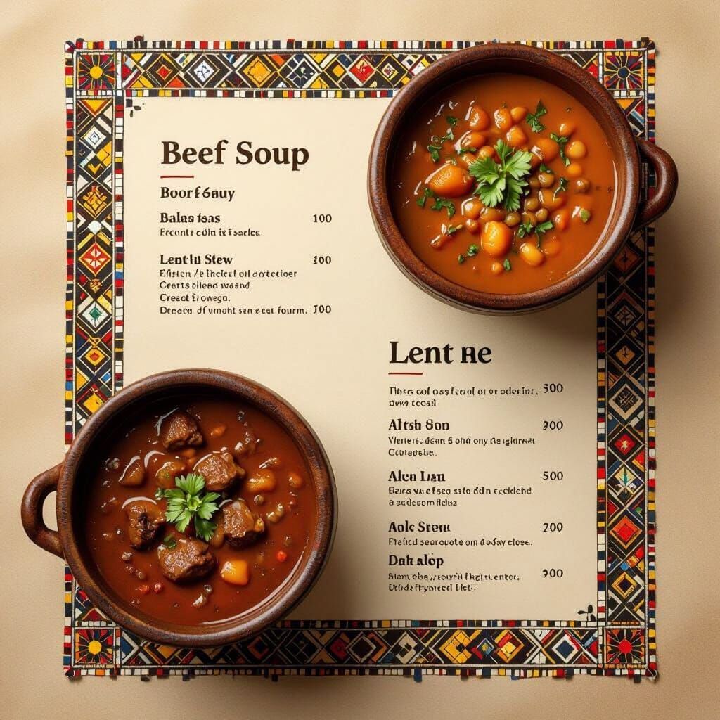African Restaurant Menu with Maasai Border in Film Aesthetic