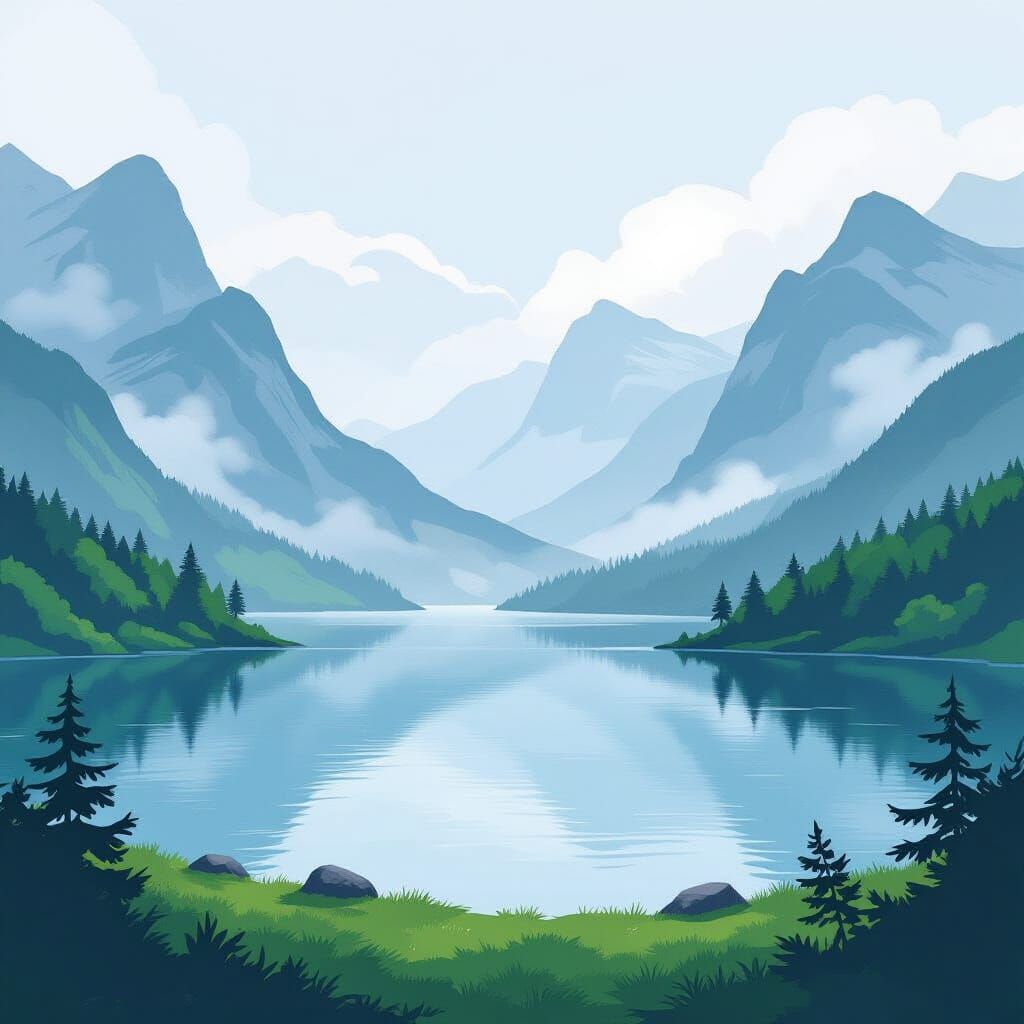Misty Mountain Lake: Dreamy Digital Landscape