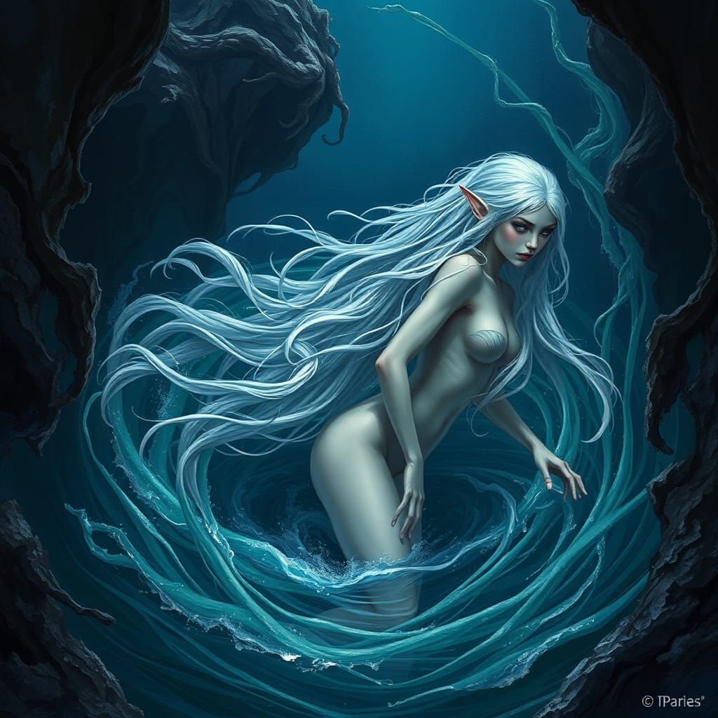 Ethereal Elf Engulfed in Dark Ocean Depths