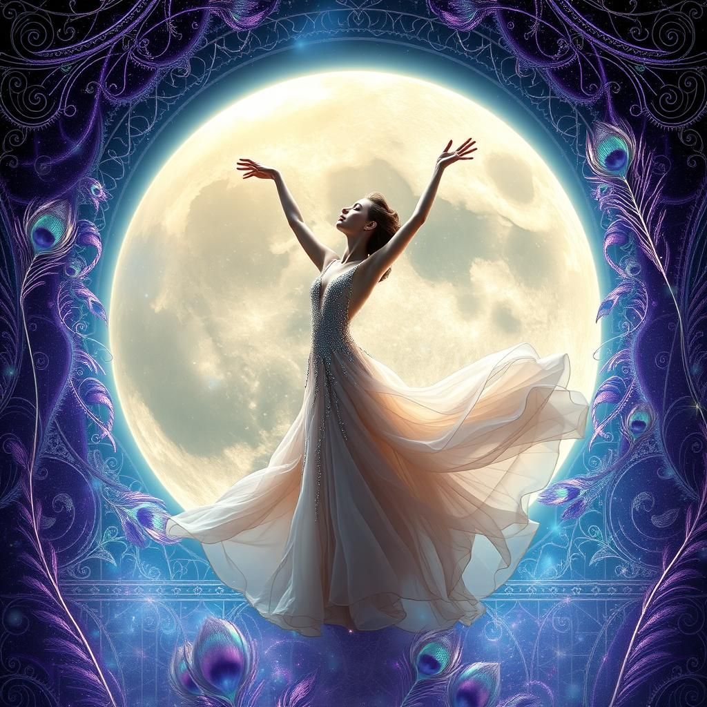 a beautiful detailed shining moon, a dancer is in the moon, ...