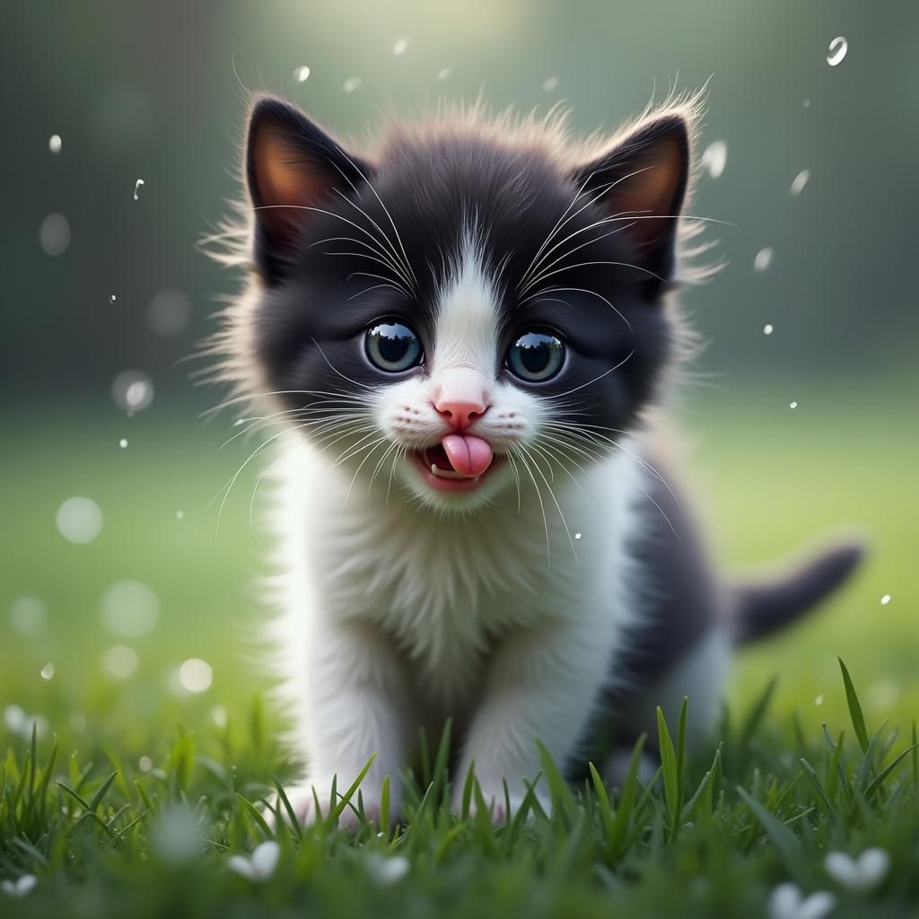 Hyperrealistic Kitten Catching Raindrops in Matte Painting