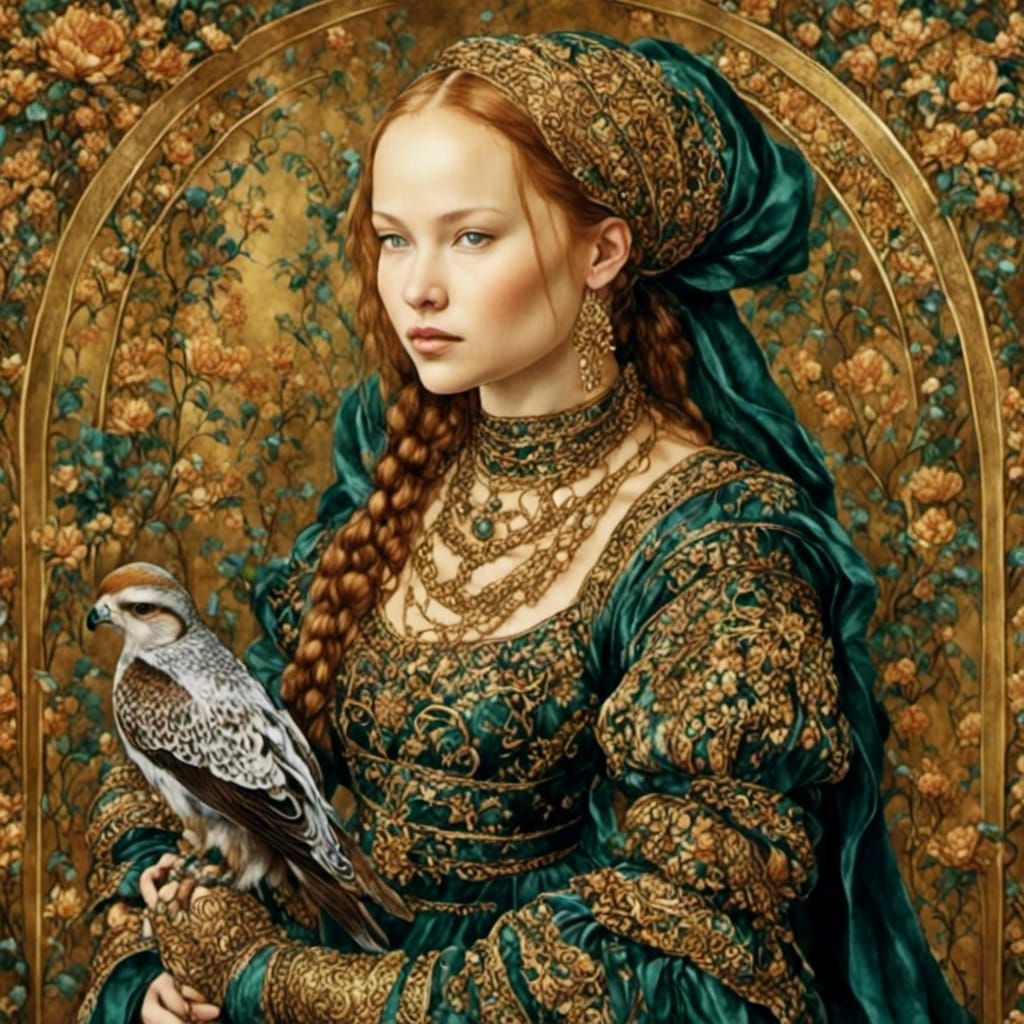 Medieval Noblewoman with Falcon in Historical Portrait Style