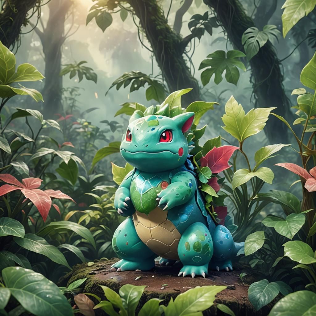 Photo-Realistic Ivysaur in Misty Rainforest