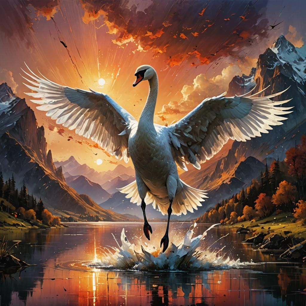 Swan Landing at Sunset: Detailed Matte Painting