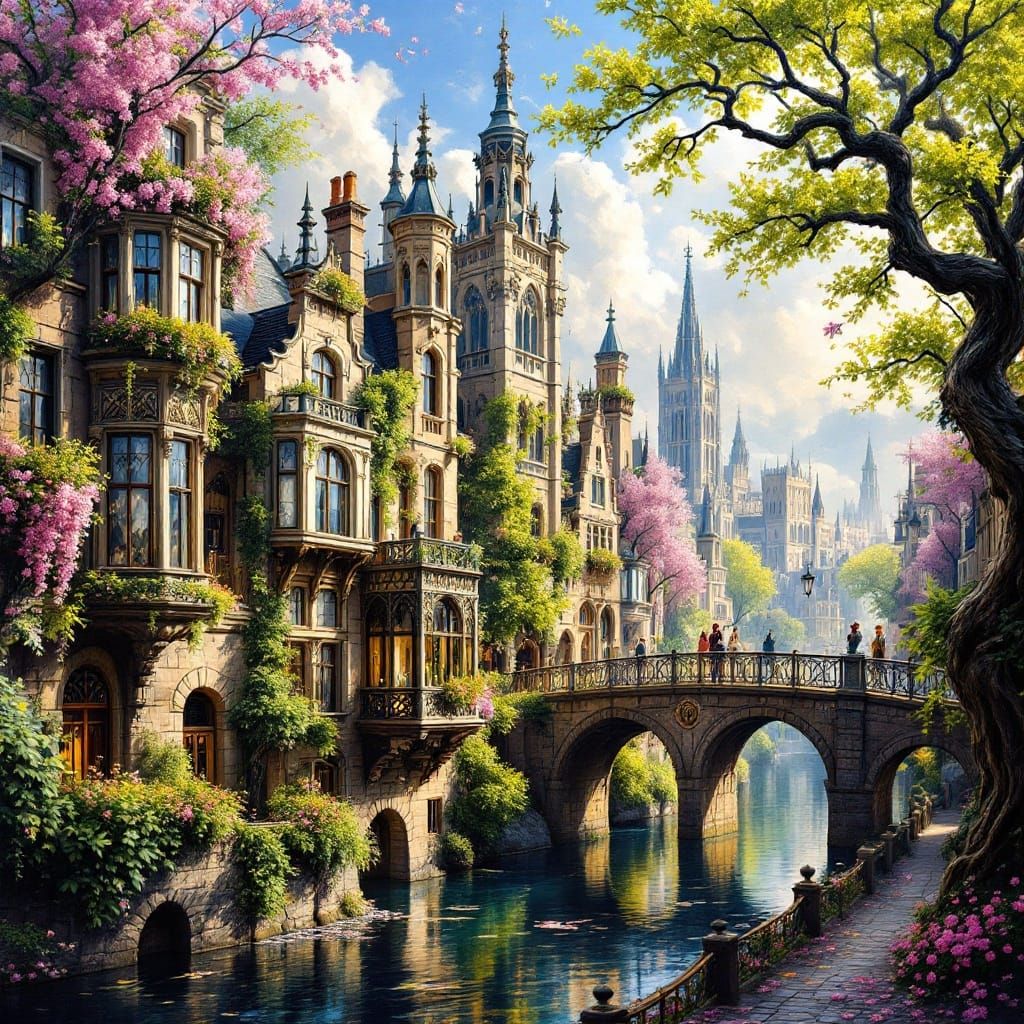 Fantasy European Cityscape Unfolds with Vibrant Blooming FLO...