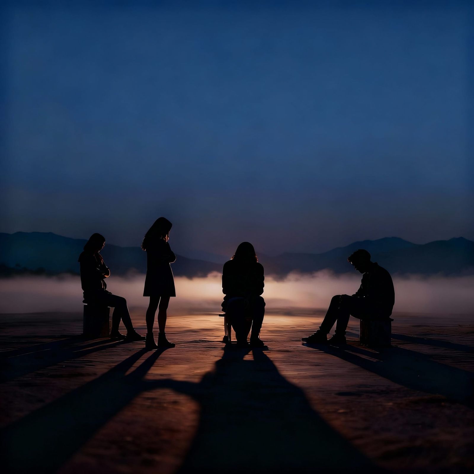 Mysterious Dusk Scene with Silhouetted Figures and Shadows
