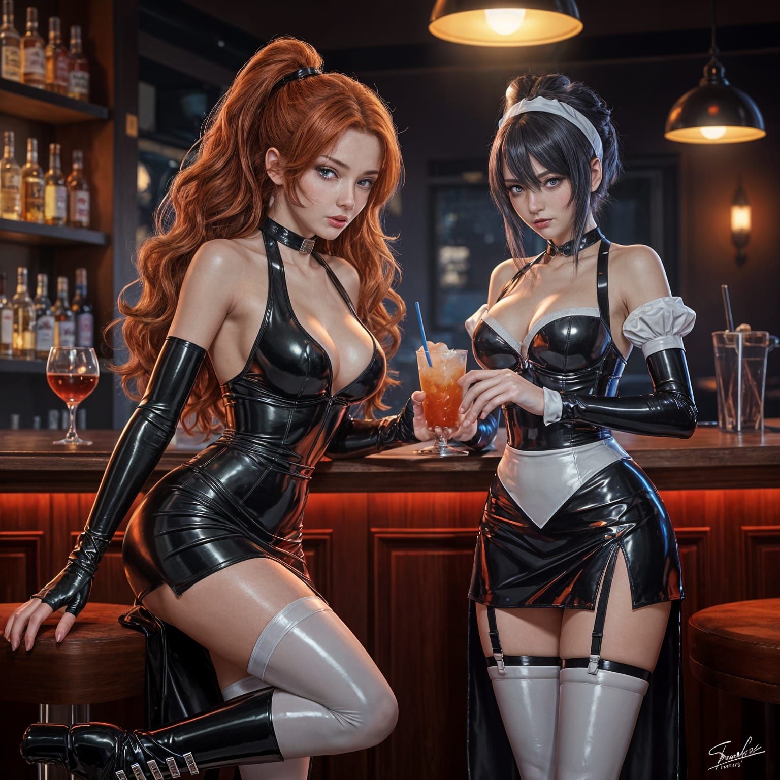 Woman in Latex Dress Ordering Drink: Anime Art