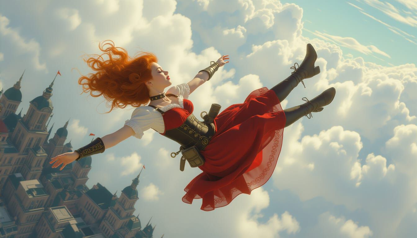 Steampunk Woman Free Falling Through Sky