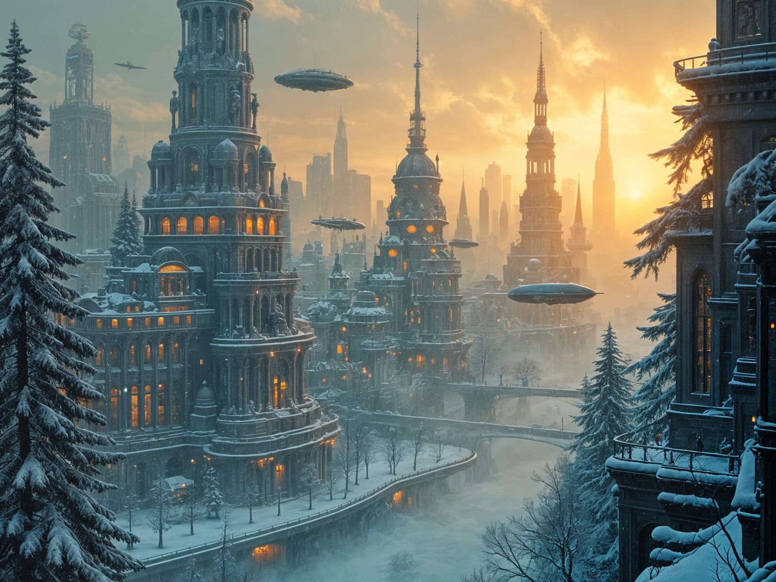 Futuristic Art Deco Cityscape at Dawn, Snowy Urban Landscape