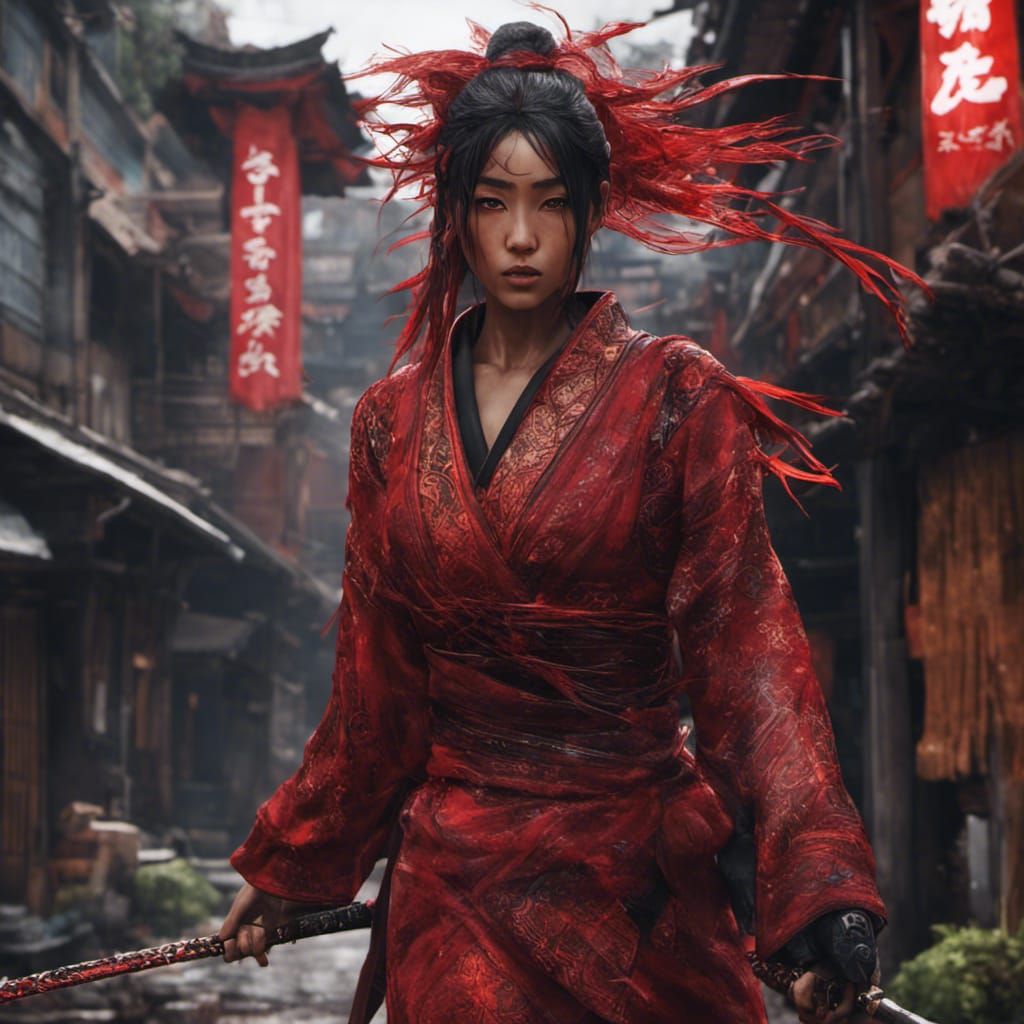 Crimson Ninja in Burning Feudal Japan Street