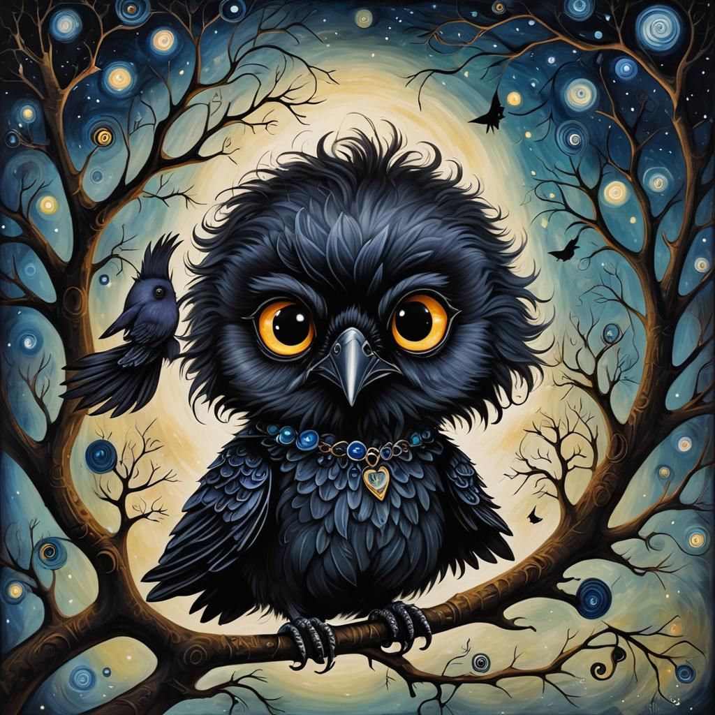 Cute Raven in Surreal Chibi Art Style