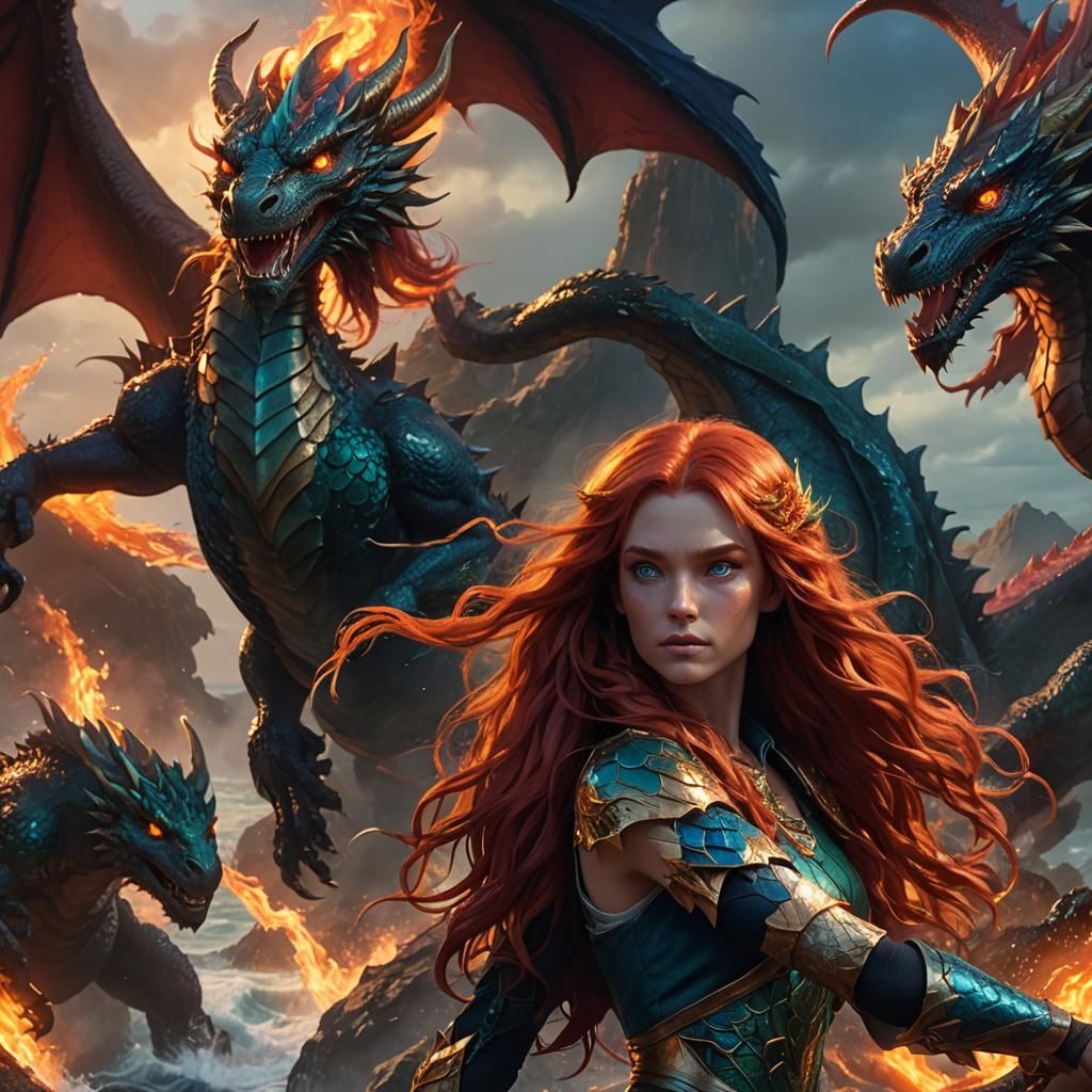 Dragon Hybrid Girl with Fiery Hair, Fantasy Art