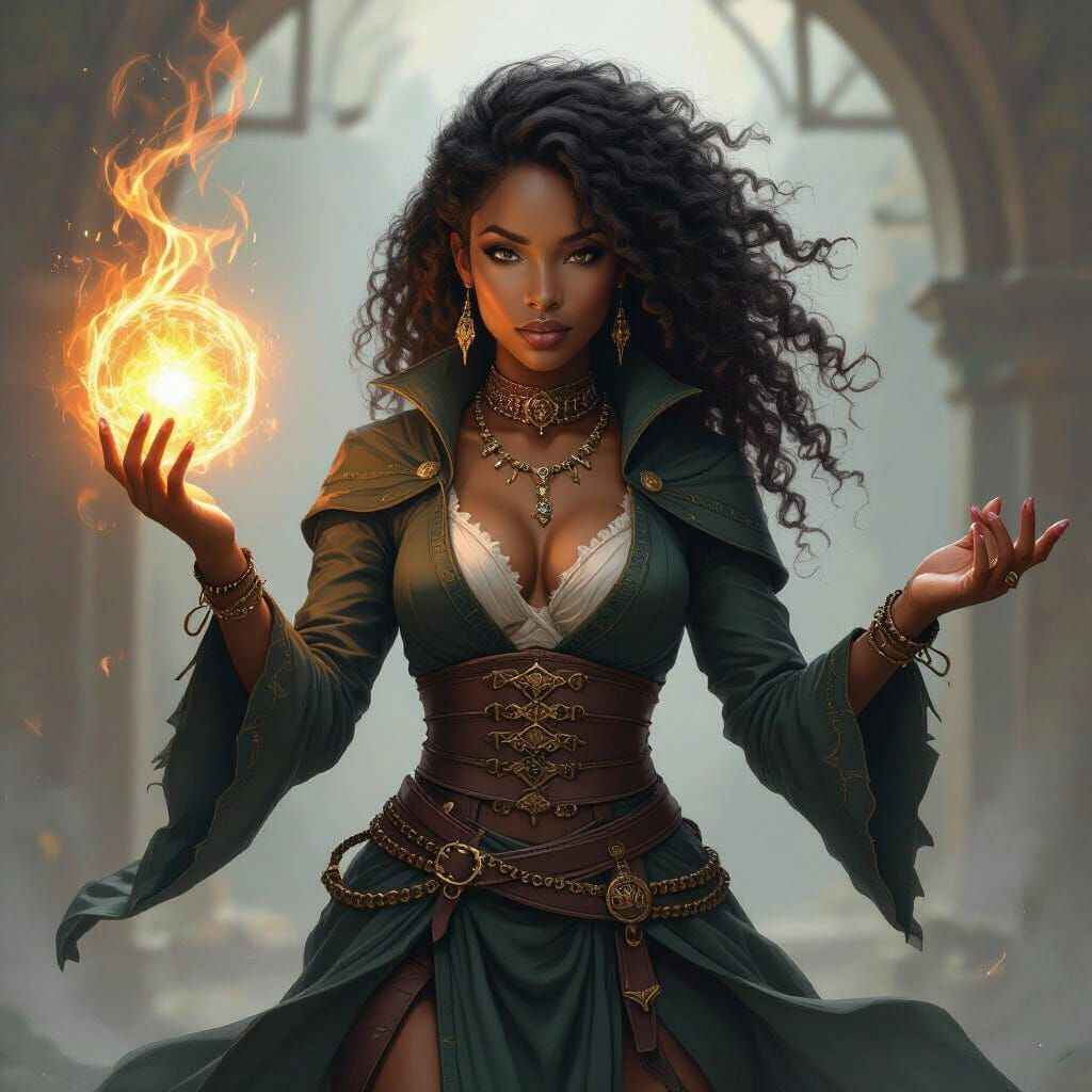 African American Sorceress Casting Spell in Dark Fantasy Sty...