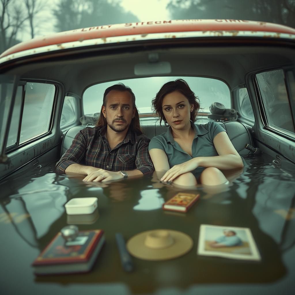Surreal Couple in Flooded Car, Dreamy Cinematic Scene