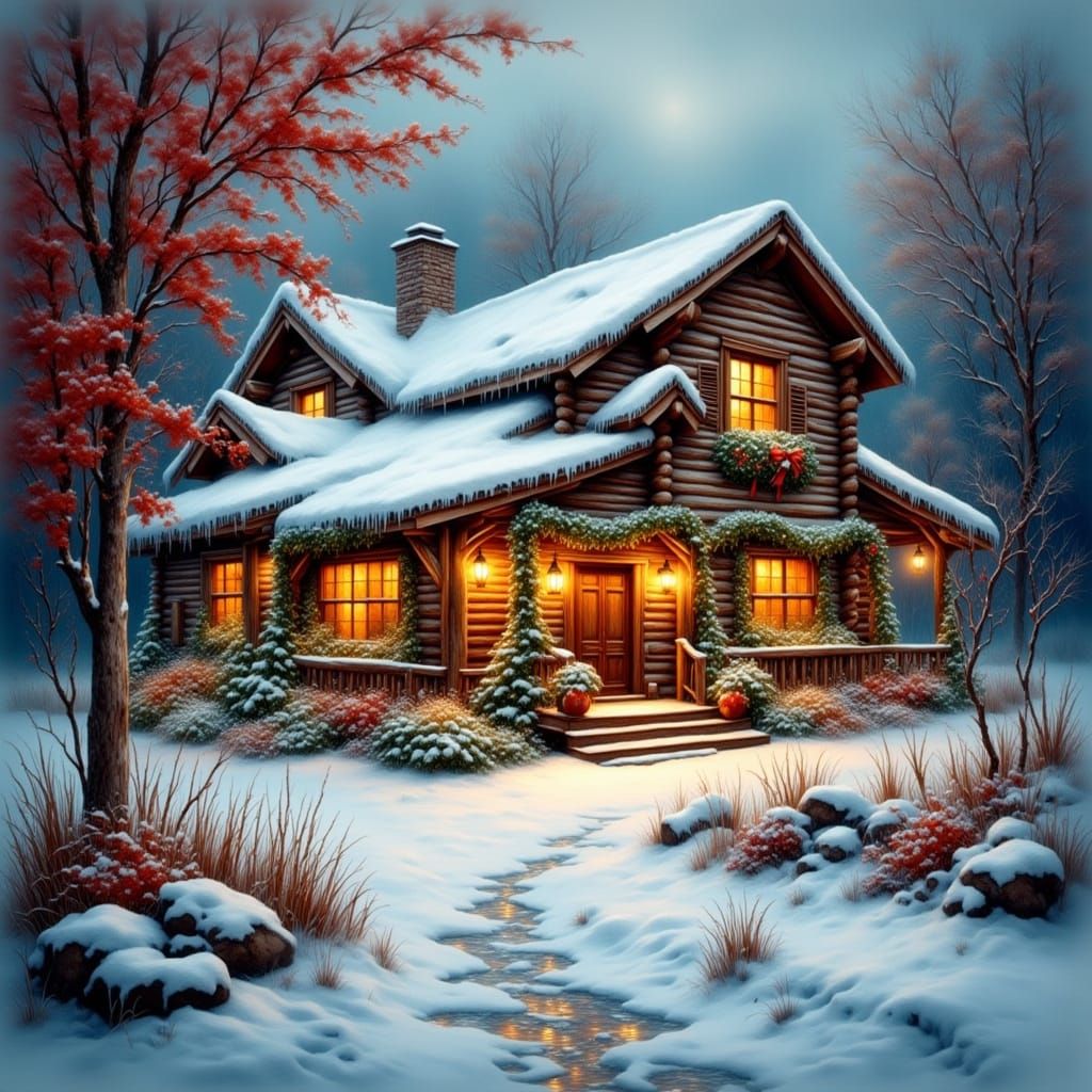 Cozy Christmas Cabin in Snowy Countryside
