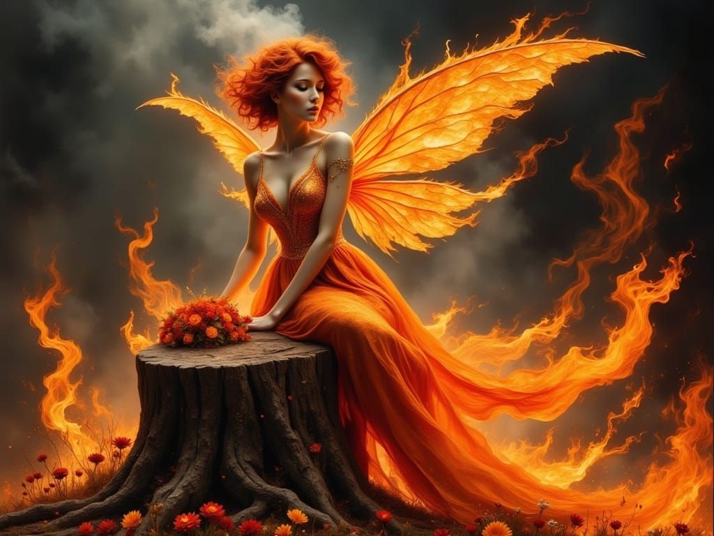 Fire Fairy with Flame Wings by Bonfire