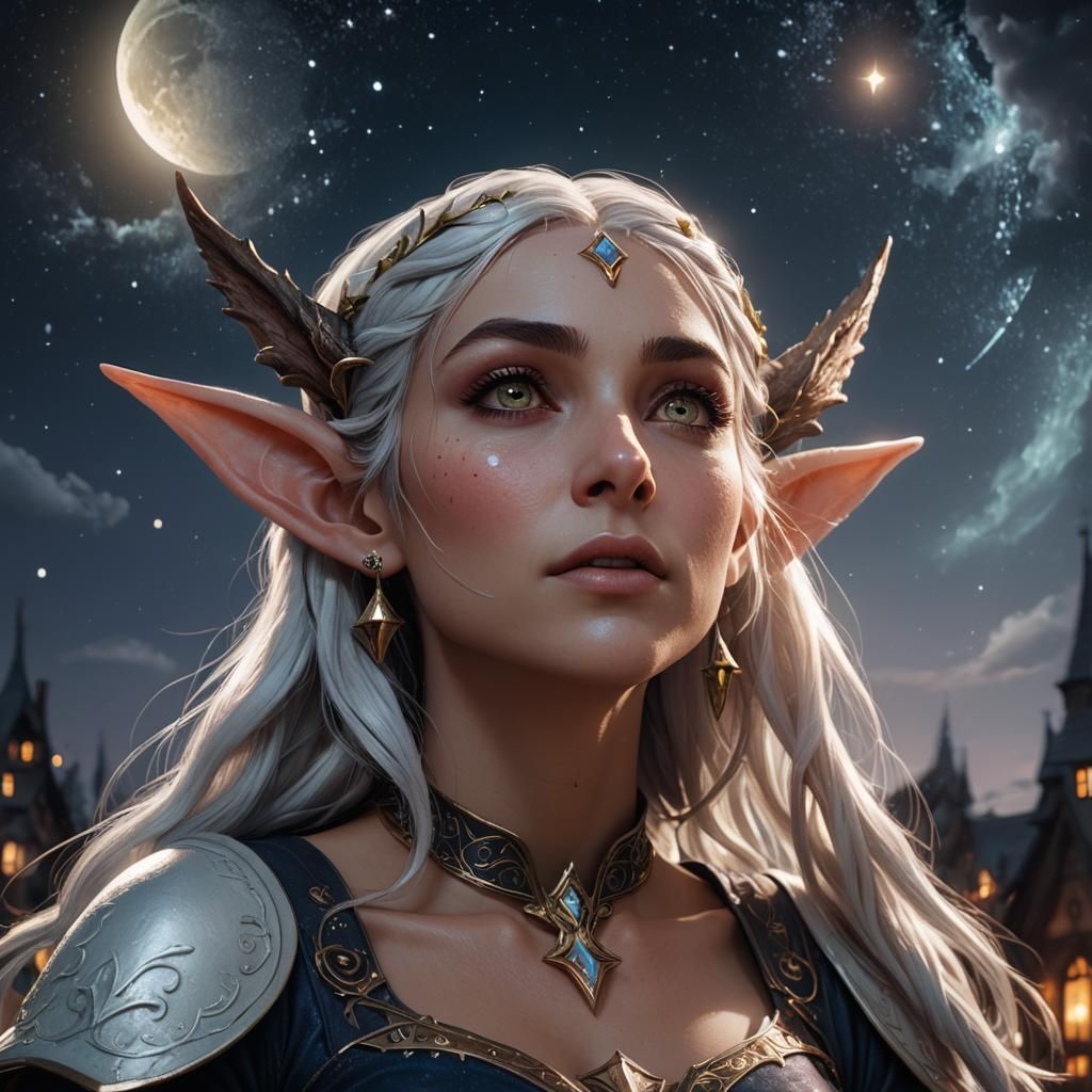 Elf Girl Gazing at Night Sky: Fantasy Art