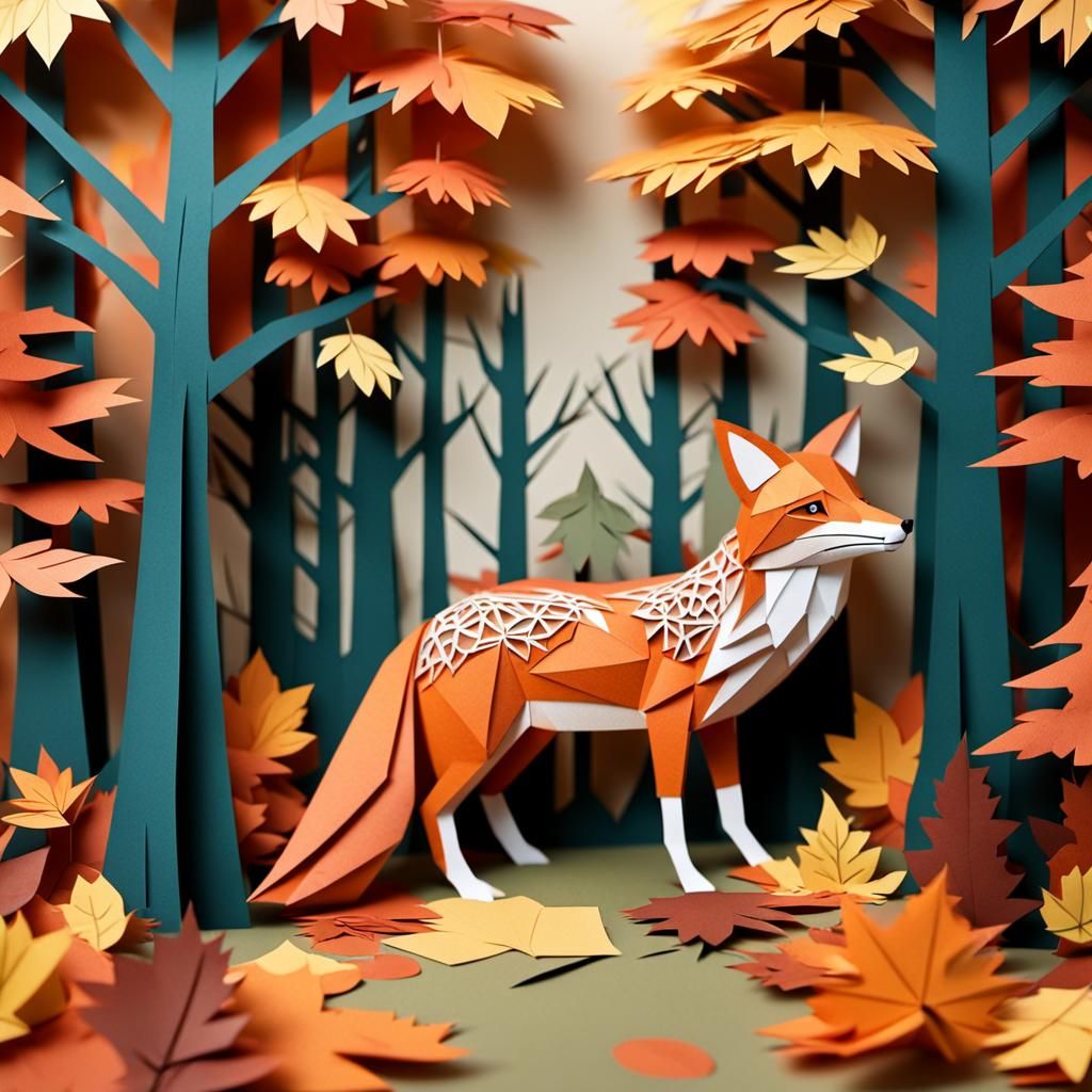 Papercraft Fox in Autumn Forest