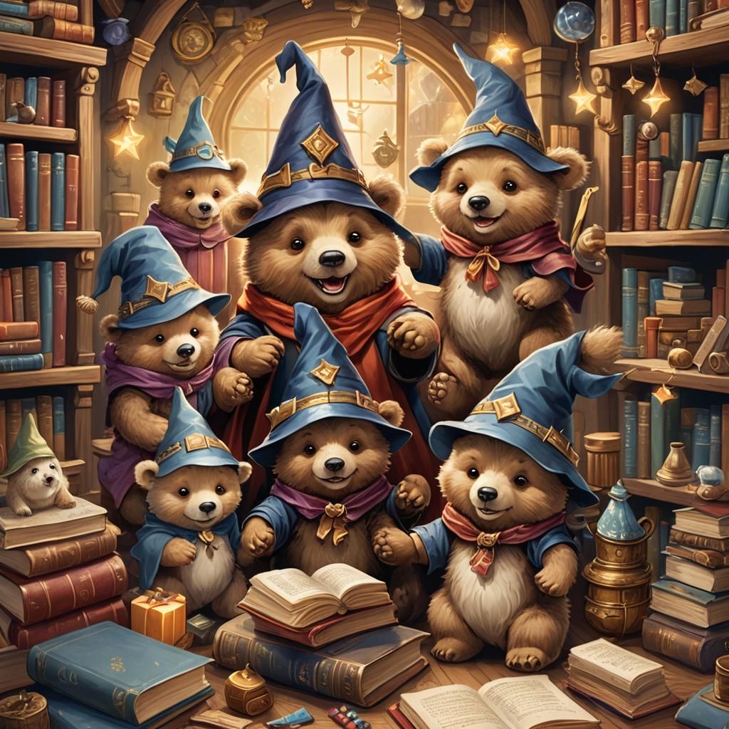 Whimsical Wizard Bears in Magical Room: Fantasy Art
