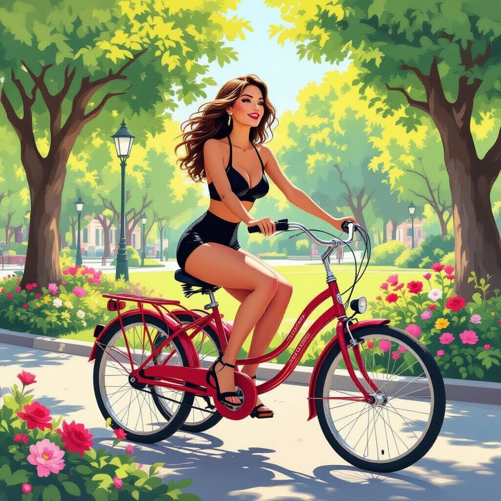 Woman Rides Bicycle Through Park, in Pop Surrealist Style