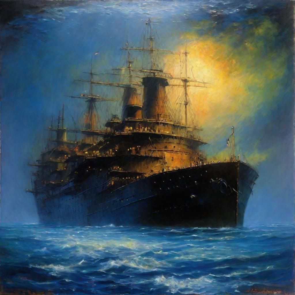 Titanic at Ocean Bottom: Oil Painting