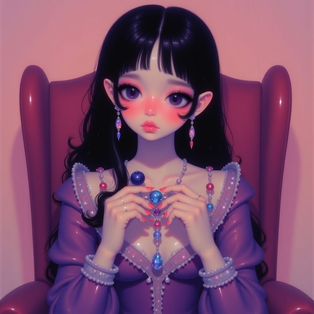 Ebony-Haired Woman with Purple Eyes in Surreal Style