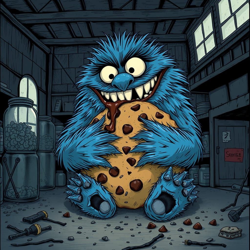 Gothic Cookie Monster in Dark Abandoned Bakery