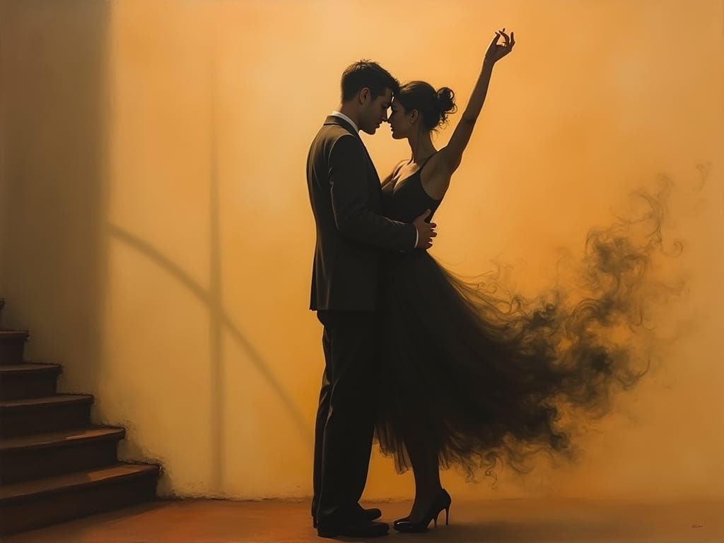 Couple Dancing in Smoky Shadows on Warm Wall