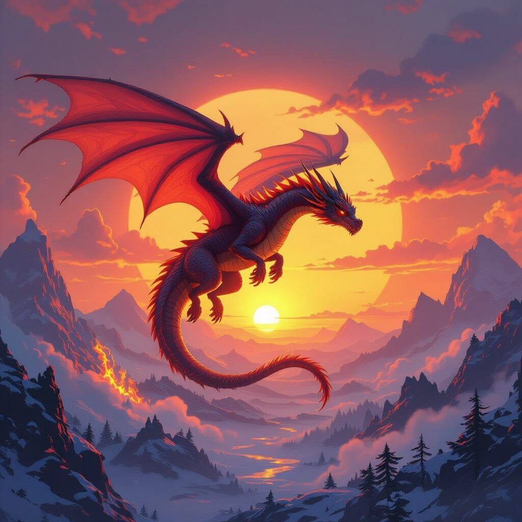 Dragon Soaring Through Sunset Landscape in Digital Art Style