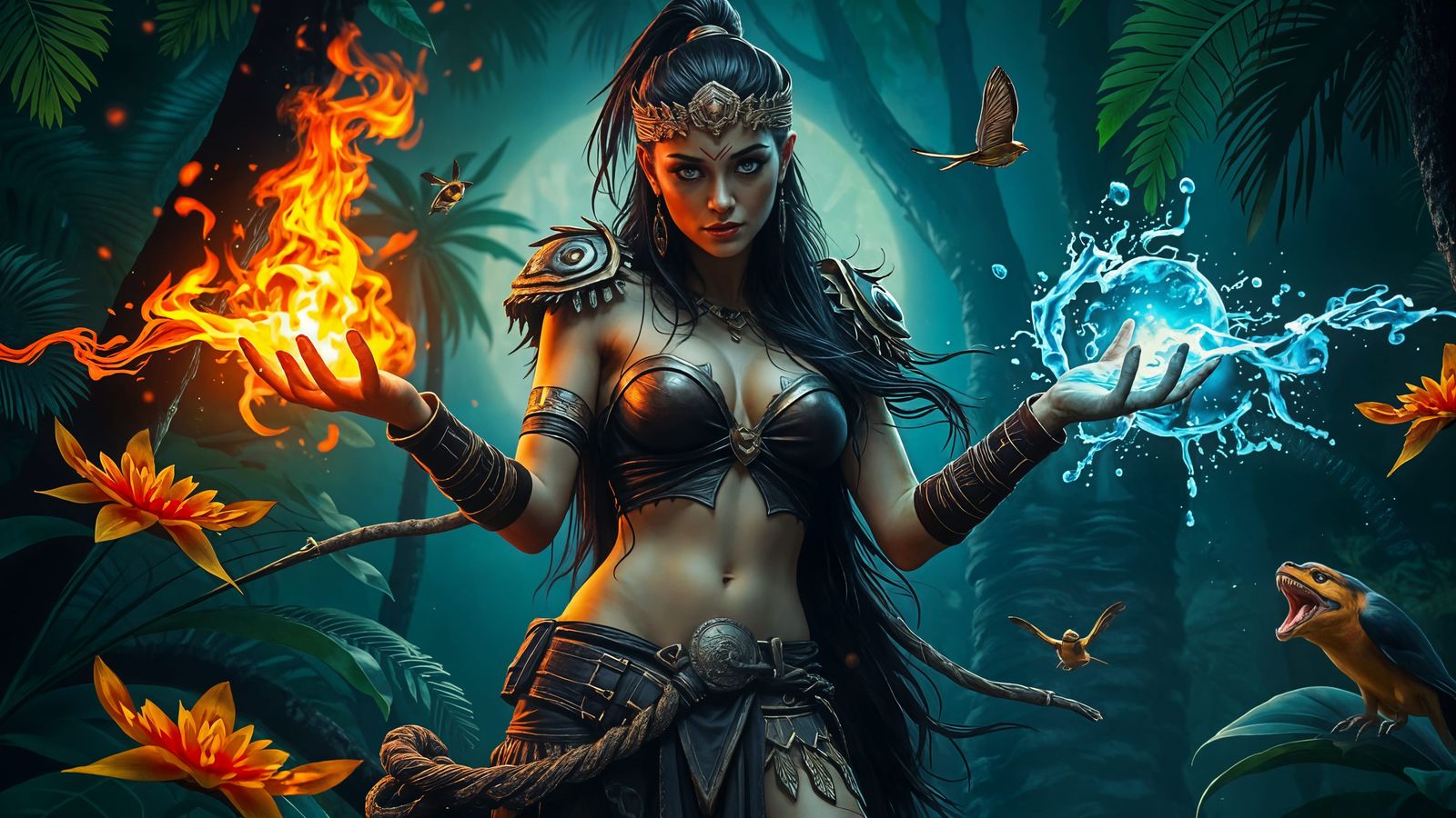 Sorceress Defies Nature's Fury in Vibrant Jungle Realm