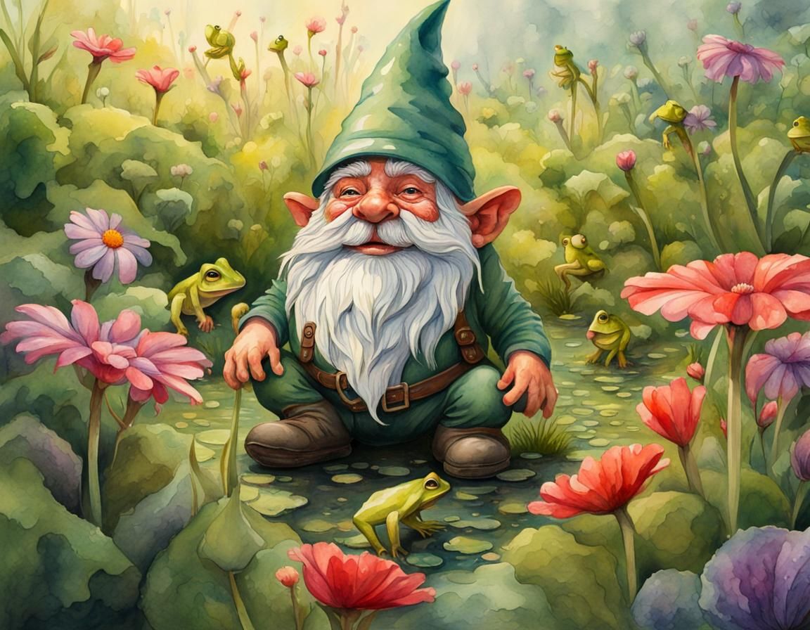 Gnome and Frogs in Watercolor Flower Field