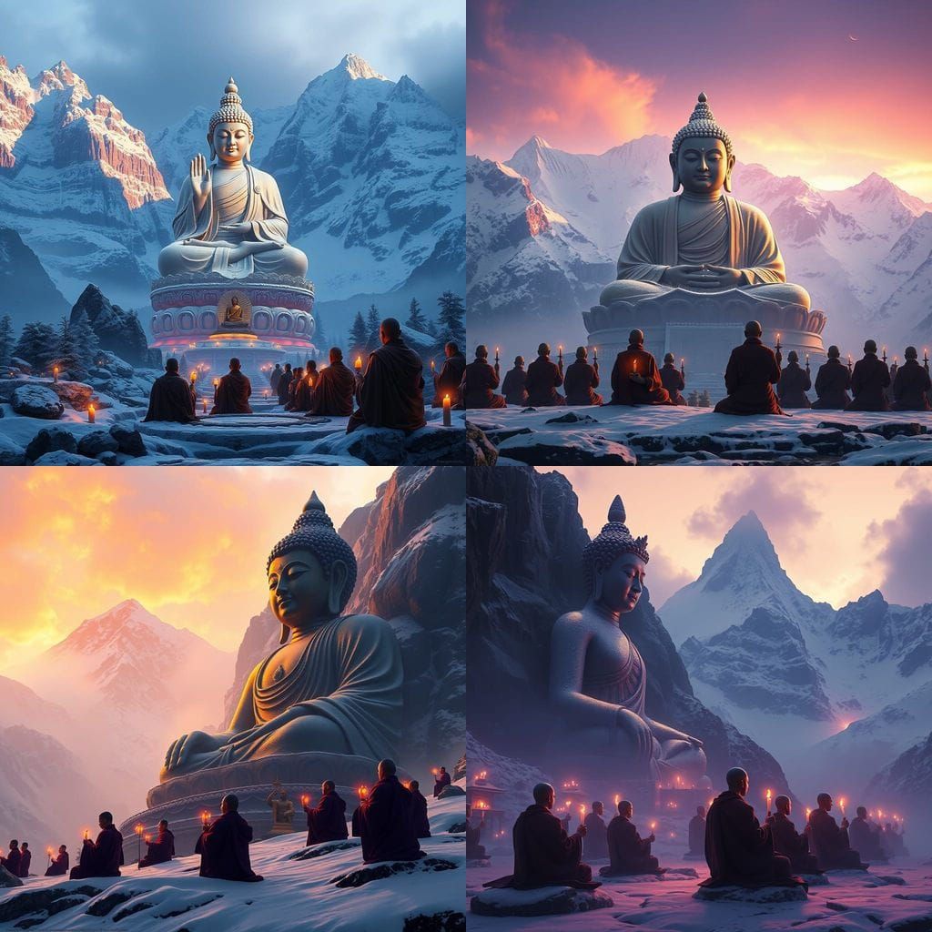 Monumental Buddhist Statue Amidst Mountain Monks