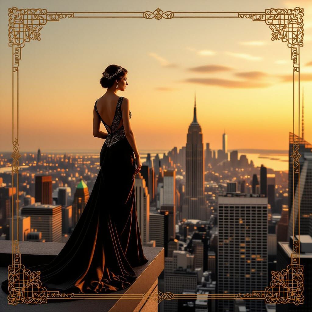 Art Deco Woman Overlooks Sunset NYC Skyline