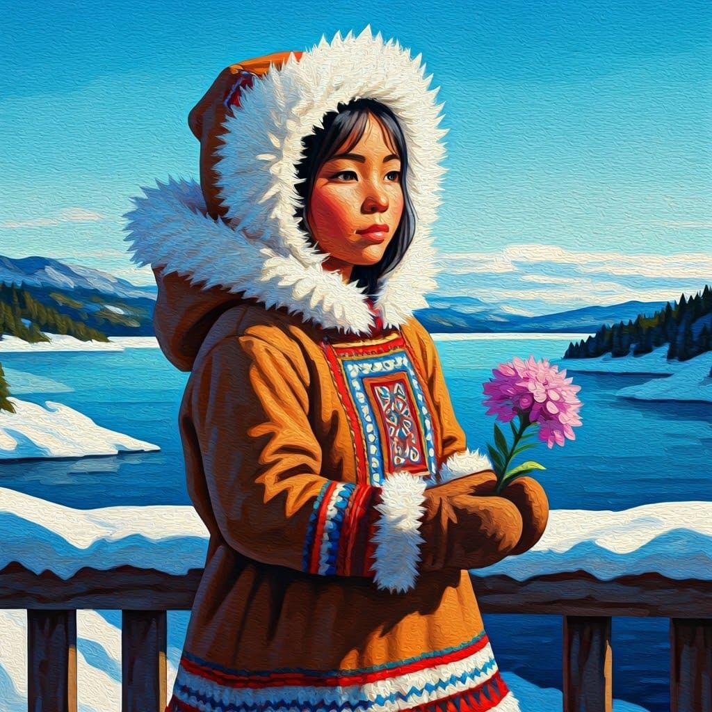 Inuit Woman in Traditional Attire with Embroidered Anorak