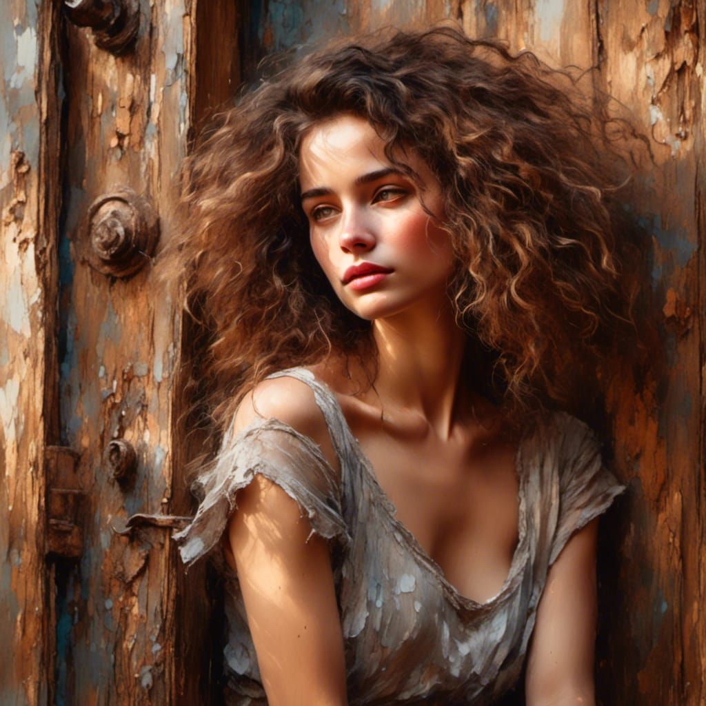 Rustic Realism Portrait: Woman in Doorway