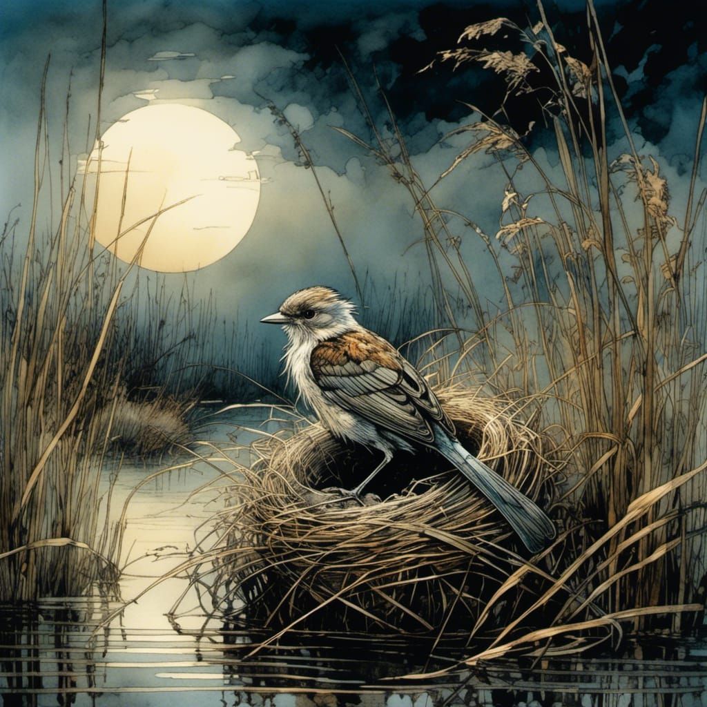 Bird Nest in Reeds: Fantasy Art