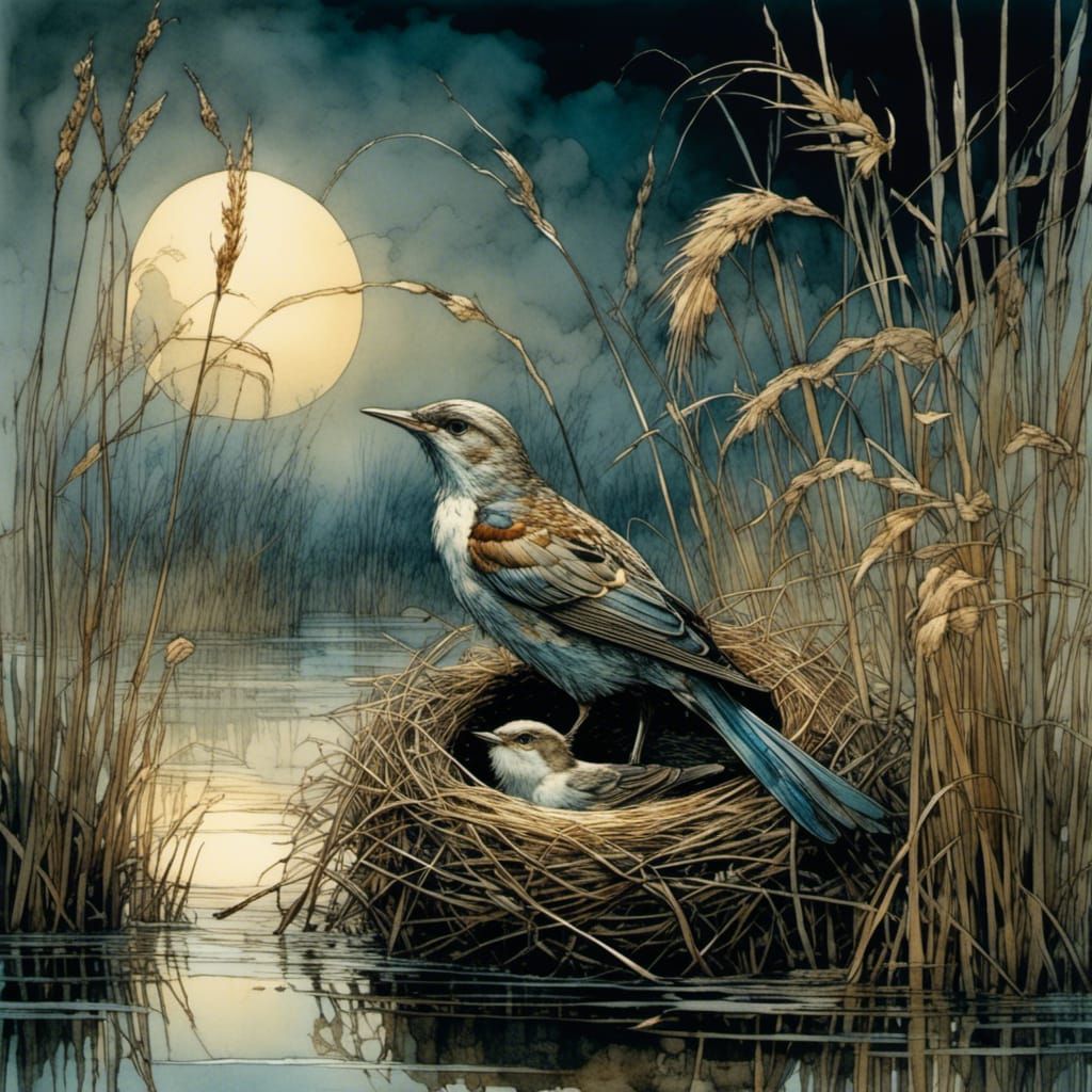 Bird's Nest in Reeds: Evocative Illustration