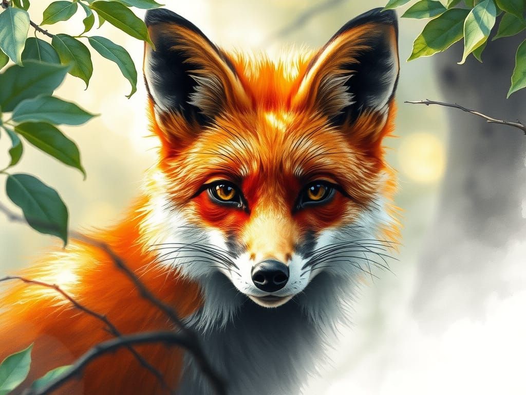 Intense Red Fox Gaze in Charcoal and Watercolour