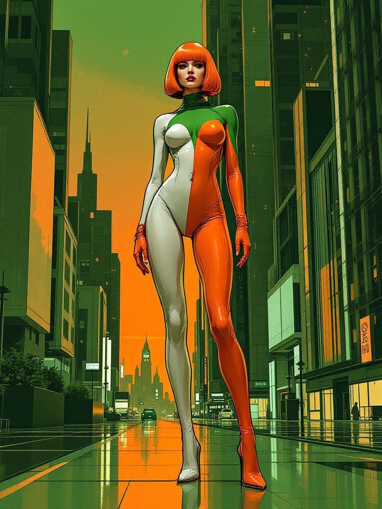 Retro-Futurist Woman in Sci-Fi Cityscape