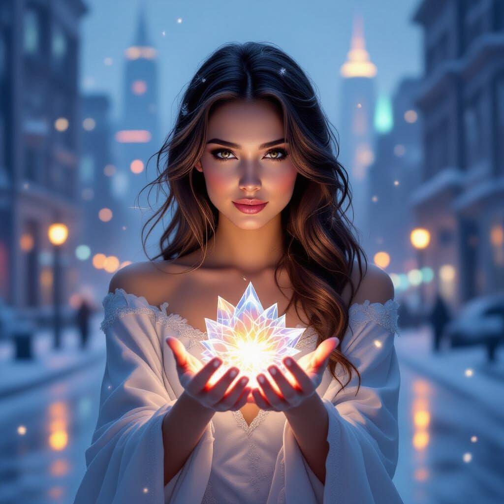 Goddess of Ice and Fire with City Skyline