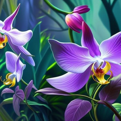 Glowing Tropical Orchids in Oil Painting Style