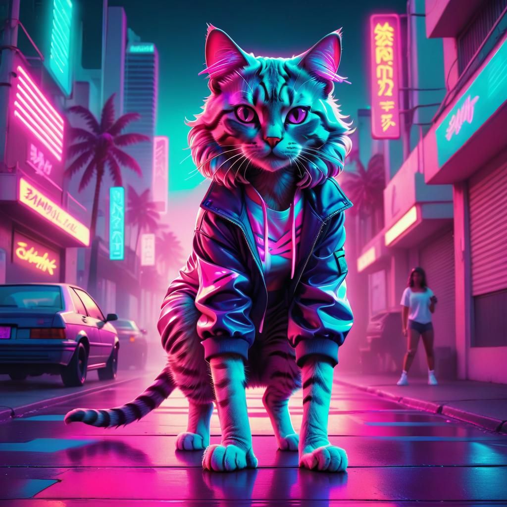 Neon Cat Dancer in Synthwave Vaporwave Style