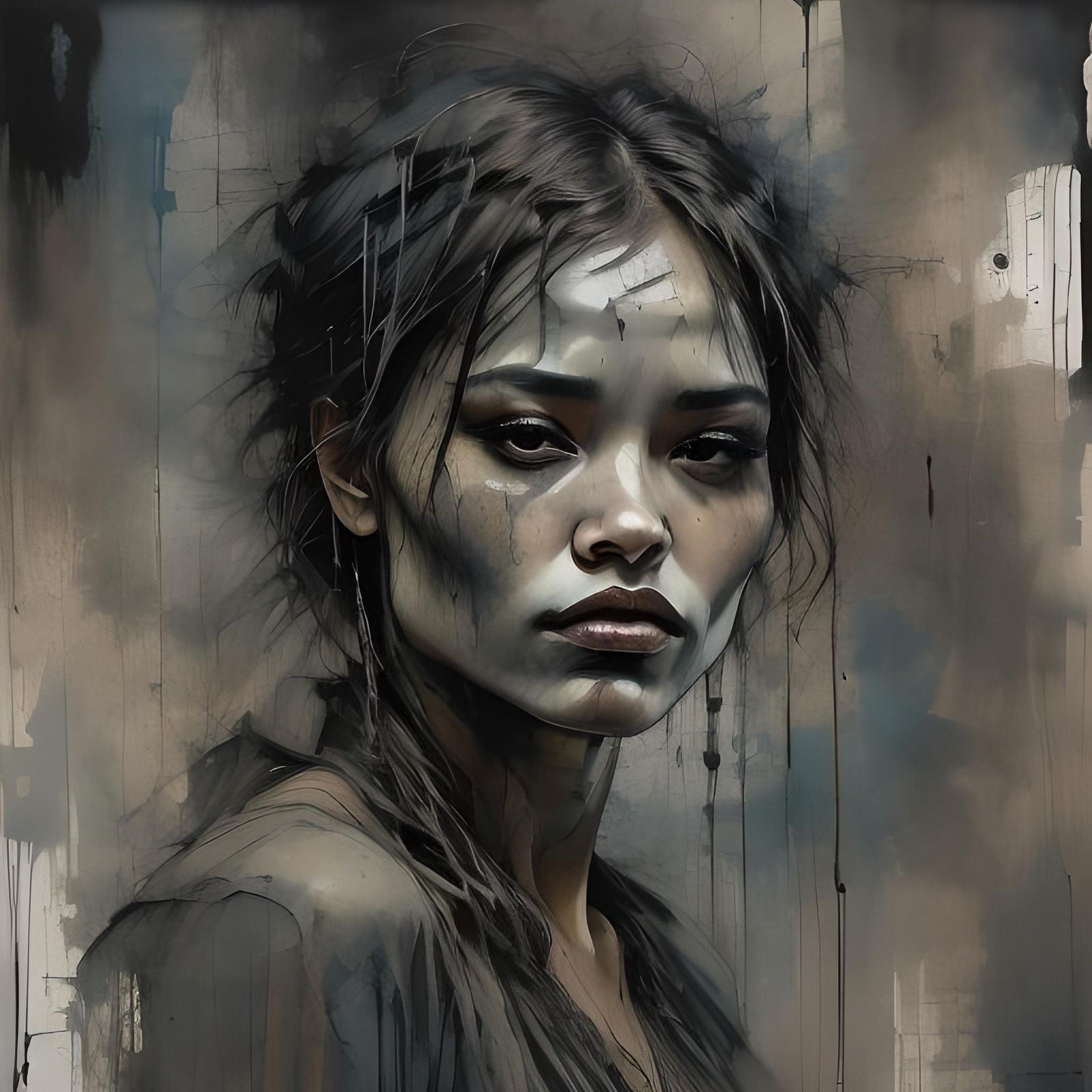 Brooding Woman with Dimples in Inky Style