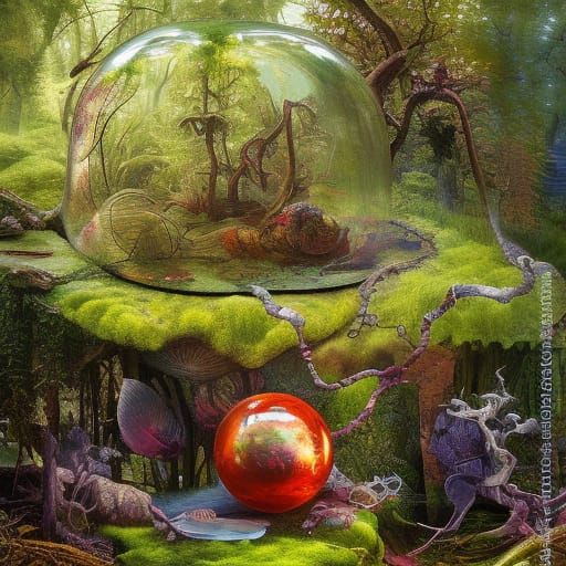 Surreal Frog in Glass Sphere: Detailed Matte Painting