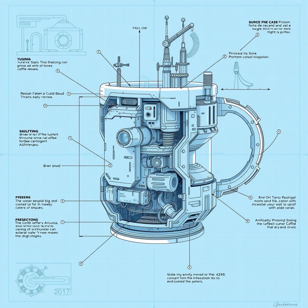 Futuristic Coffee Mug Blueprint in Sci-Fi Style